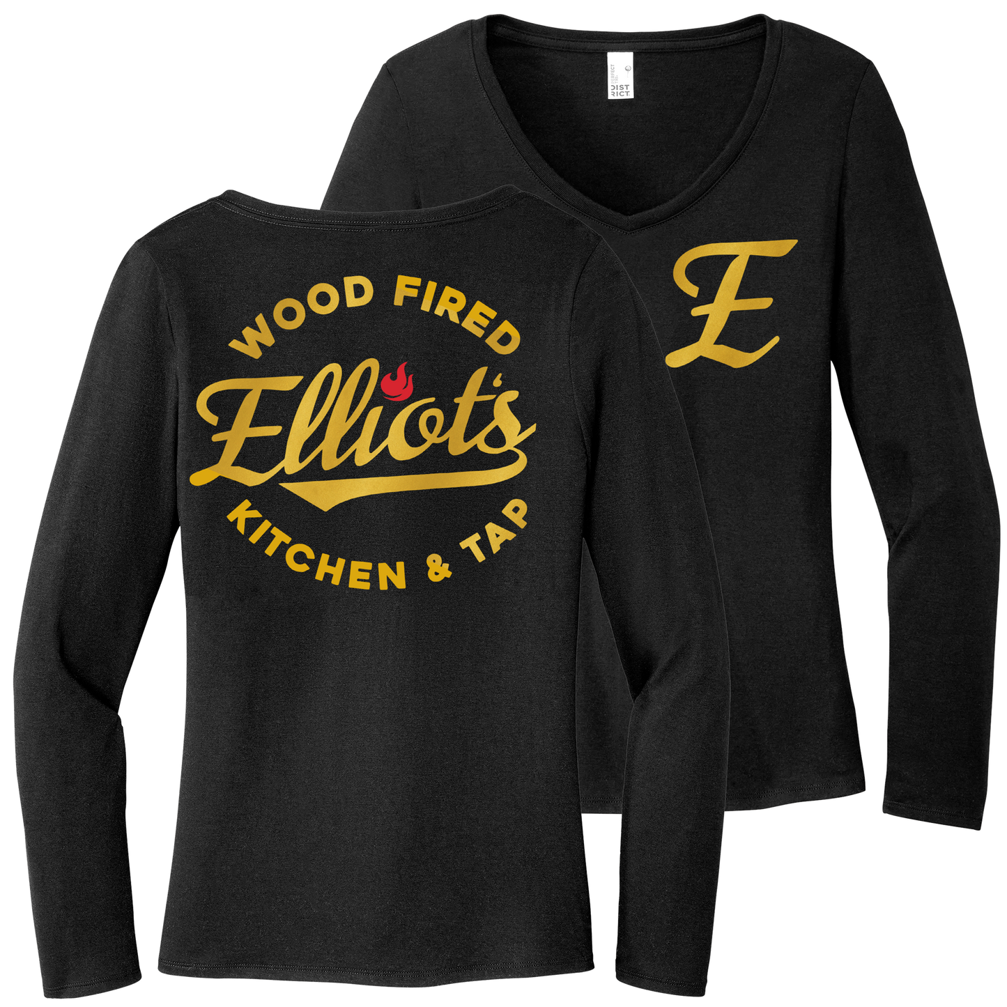 Elliots Wood Fired Kitchen and Tap Logo Women's Perfect Tri Long Sleeve V-Neck Tee