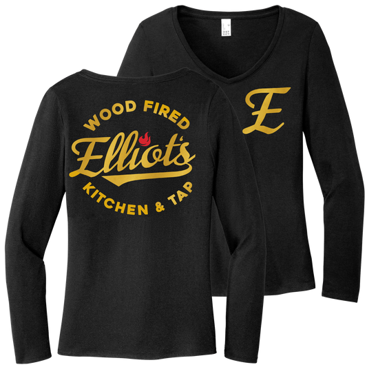 Elliots Wood Fired Kitchen and Tap Logo Women's Perfect Tri Long Sleeve  V-Neck Tee